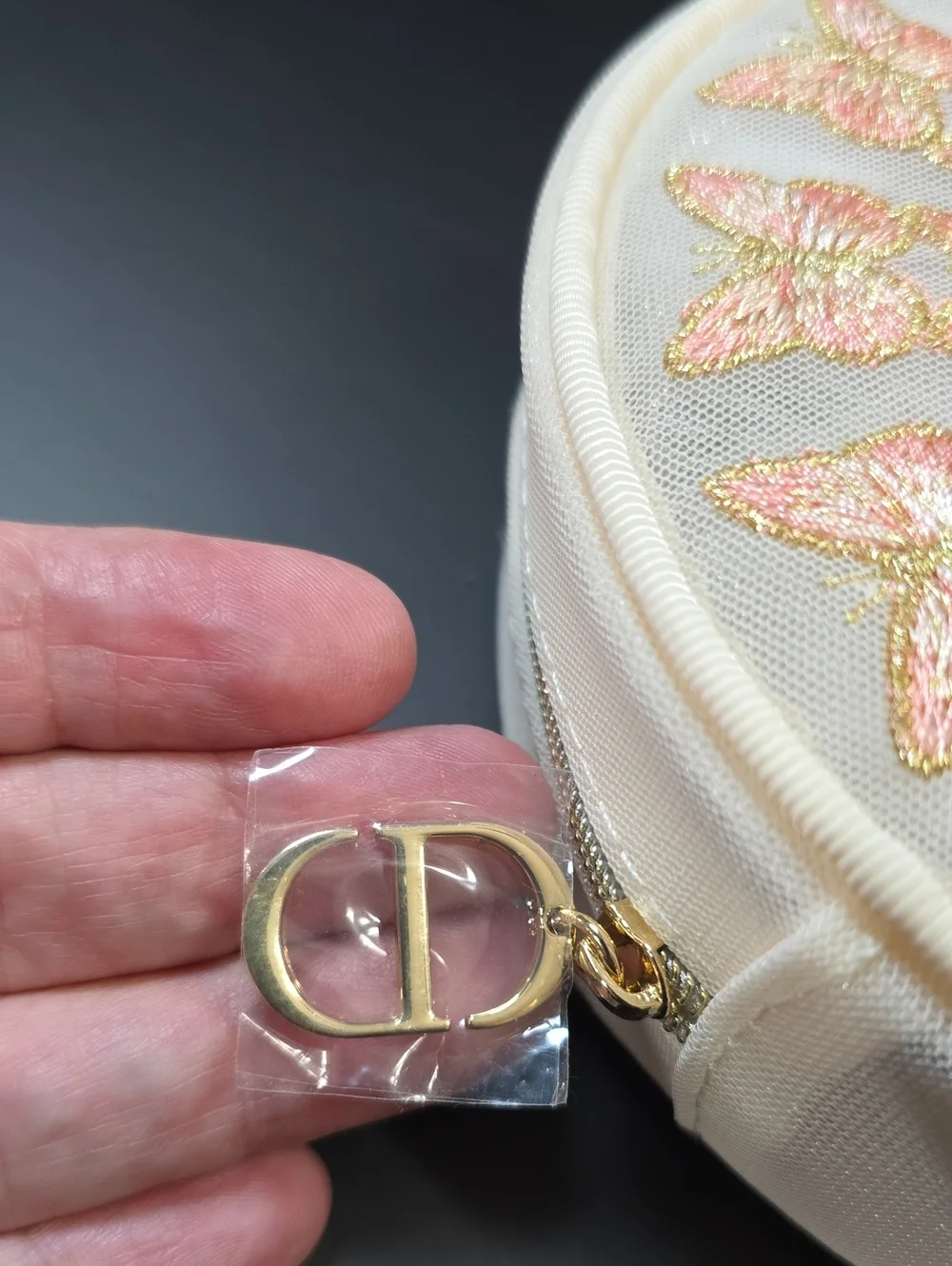 Dior Round Embroidered Cosmetic Pouch in Cream and Pink with Gold Accent